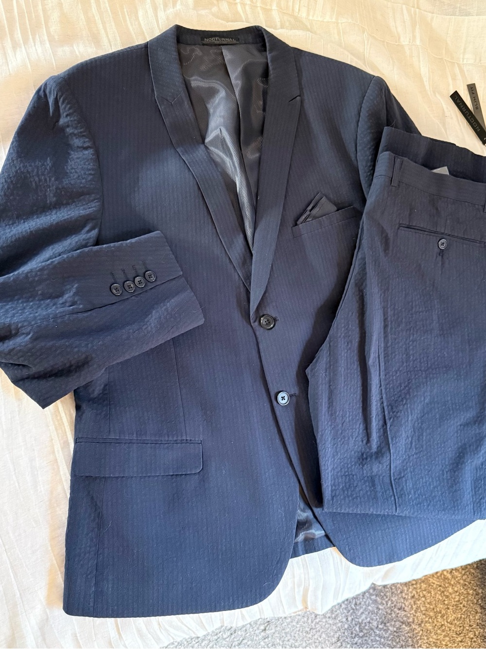 Men’s Navy Seersucker Suit Jacket & Pants - Two-Piece Blazer Set